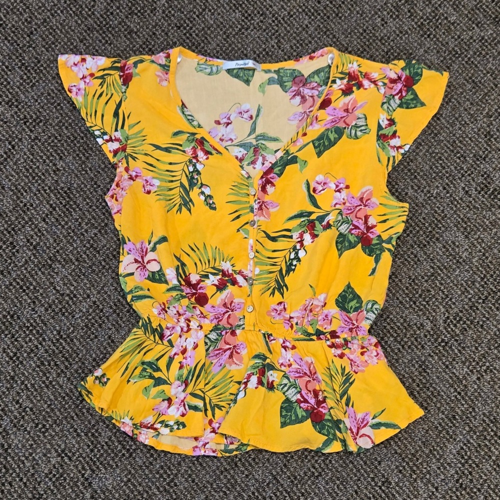 Papaya Yellow Tropical Floral Peplum Top Cap Sleeve Button Front Size S